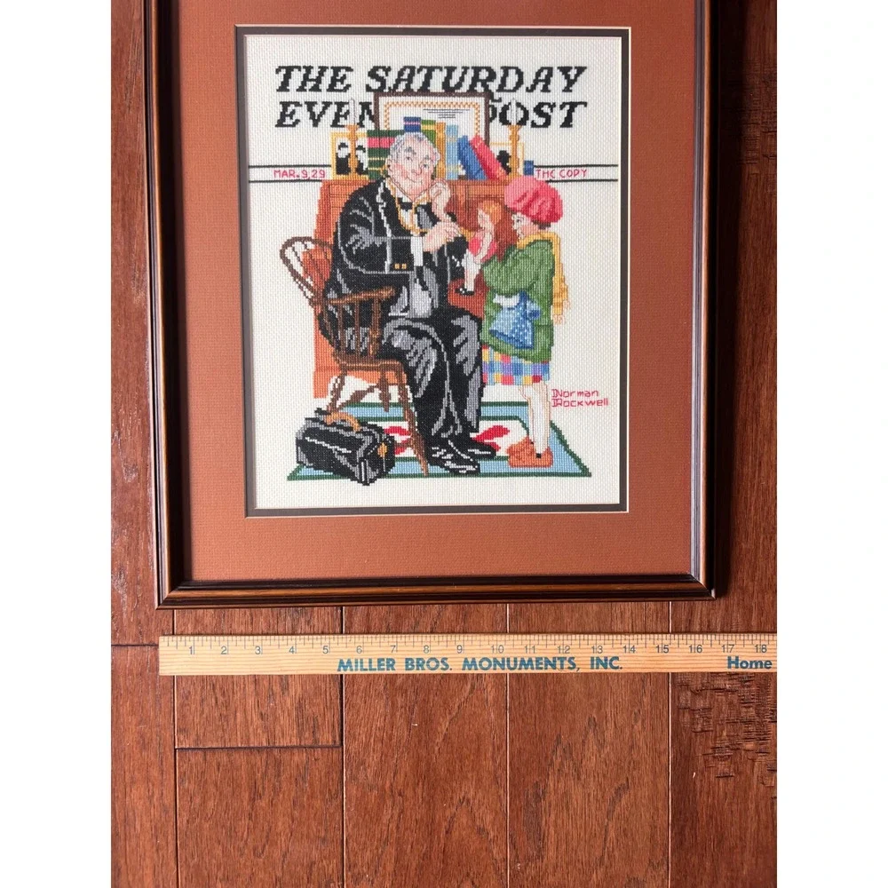 Norman Rockwell Saturday Evening Post Doctor and Doll Framed Cross Stitch Art